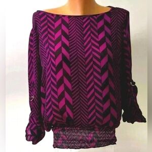 MICHAEL Michael Kors Purple Geometric Blouse Size M – Sheer Sleeve Top, Stretch